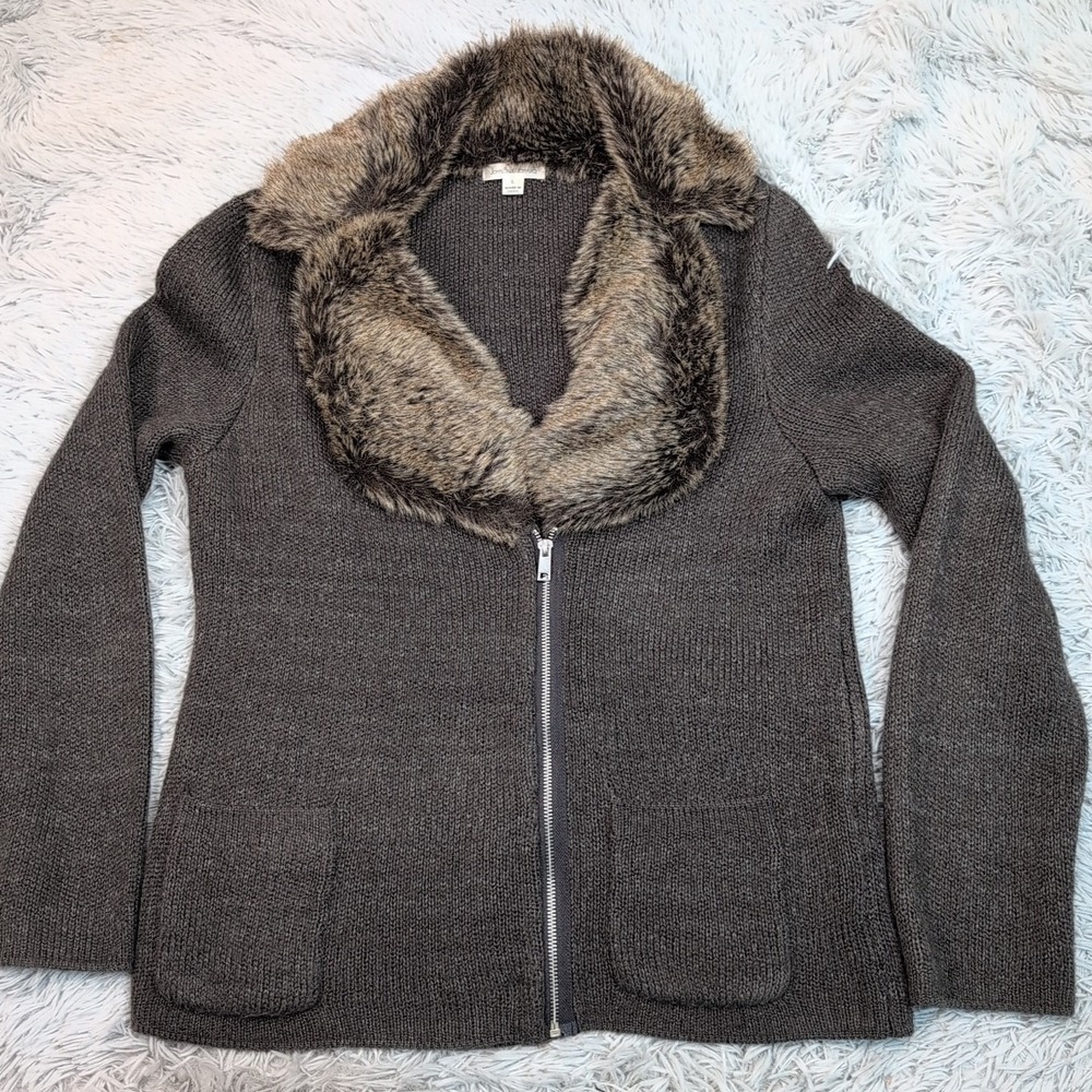 John Paul Richard Sweater Womens L Gray Cardigan‎ Grandma Zip Up Faux Fur Soft